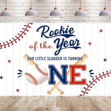 [Vinyl Photo Booth Background] Baseball-Themed 1st Birthday Party Backdrop - Rookie Of The Year Design, Blue & Red Wooden Board Hitter, Vinyl Photo Booth Background For Celebrations - Multicolor - View 2
