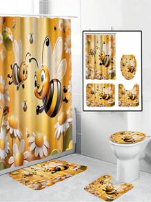 1-4 件套浴室套装包括可爱的蜜蜂和花朵印花浴帘、柔软法兰绒海绵浴室垫、防滑马桶 U 型垫、干湿分离浴室垫装饰