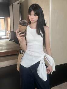 女士无袖背心，性感露肩宽松版型，高端设计，适合夏季户外休闲穿着，白色 - 白色 - 查看 2