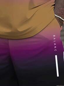 Plus Size Men's Casual Sports T-Shirt And Shorts Set, Ombre Print, Round Neck, Knit Fabric, Blended With Spandex, Slightly Stretchy, Regular Fit, 150gsm - Fashionable Summer Set, Comfortable Wear - Multicolor - View 5