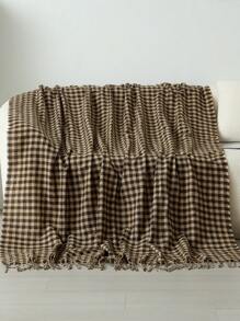A Two-Color Plaid Woven Sofa Blanket, Casual Style Polyester Rectangular Fringed Small Cover Blanket, Suitable For Office Lunch Break And Daily Use - 卡其色 - 查看 5