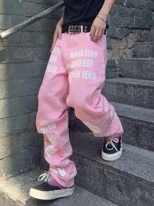 Men's Fashionable Printed Casual Straight Leg Jeans - Pink - View 6