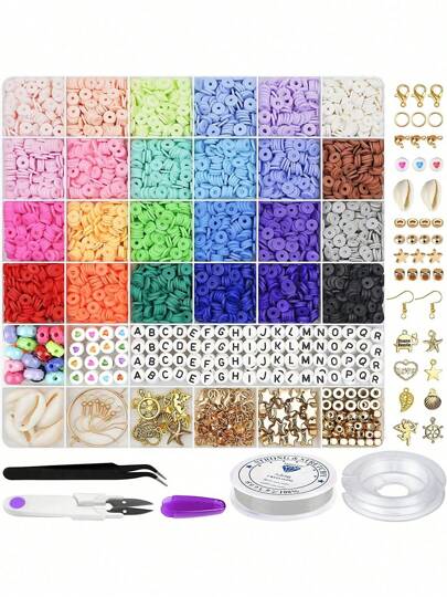 24 Colors Flat Round Polymer Clay Beads Set, 6mm Heishi Beads For Bracelet Necklace Making, With Pendant Charms And Elastic Cord For Jewelry Craft Kit