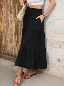Falda midi casual de mujer con volantes en la cintura, bolsillos y dobladillo con volantes en unicolor - Negro - Ver 3