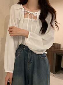 Bộ 2 món áo cánh dài tay rộng rãi đa năng màu trơn mùa hè có áo hai dây tích hợp cho nữ - trắng - Xem 2