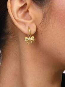 1 Pair Dainty Bow Hoop Earrings For Women, 18K Gold Plated Stainless Steel Butterfly Dangle Hoop Earrings,Pendant Earrings For Cartilage Helix - Gold - View 3