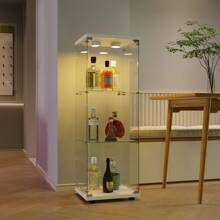 Vetrina in vetro con illuminazione a LED, 4 ripiani con anta, vetrina in vetro temperato con schienale a specchio, libreria da terra per soggiorno, camera da letto, ufficio