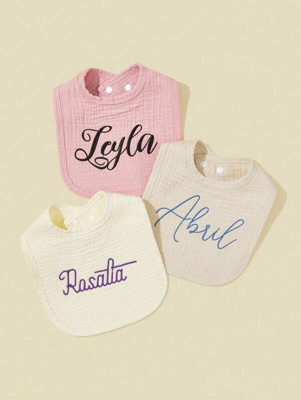 3pcs/Set Customized Baby Bibs, U-Shaped Drool Bibs, Text Embroidered, Pure Cotton Soft & Comfortable, Solid Color, Newborn Gift, Valentine's Day Gift