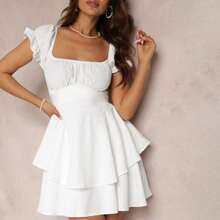 Women's Lantern Short Sleeve Wrap Tie Back Bow Square Neck Double Layer Ruffle Hem A Line Short Mini Dres - White - View 2