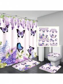 1 Pc/4 Pcs Hummingbird, Butterfly & Floral Pattern Multi-Functional Waterproof Bathroom Shower Curtain With 12 Hooks, Non-Slip Bath Mat, U-Shaped Toilet Mat & Round Toilet Lid Cover, Bathroom Set For Full Scene Use Back To School
