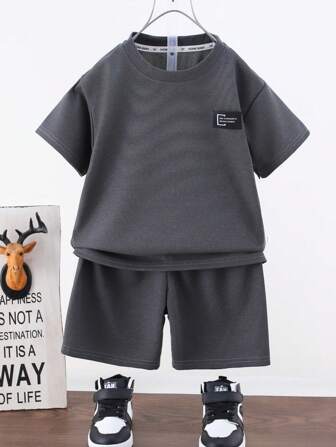2pcs Kids Summer Outfit,Young BoyGirls Short Sleeve T-Shirt And Shorts Set, Lightweight Grey