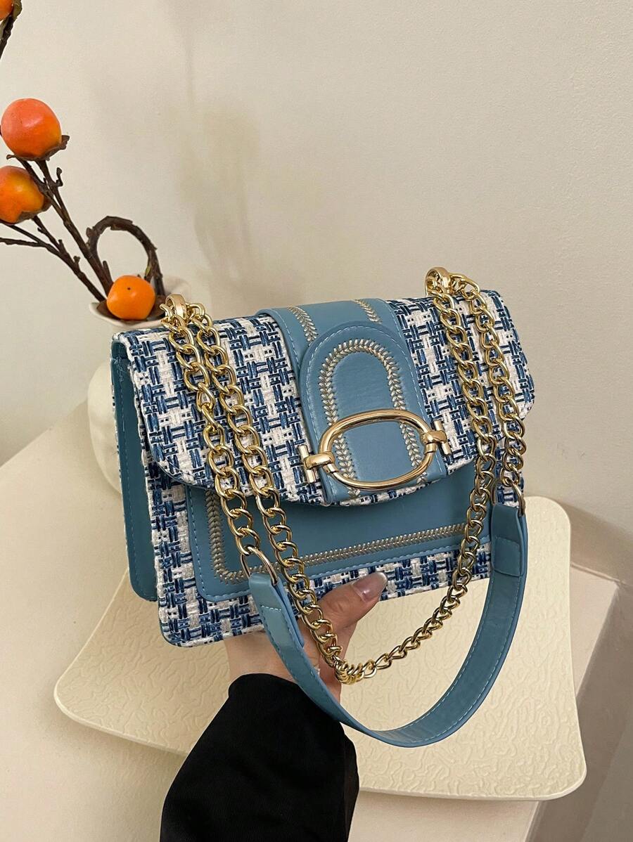 Mini Embroidery Thread Vintage Tweed Crossbody Bag, Women's Chain Shoulder Handbag, Retro Plaid Pattern Square Clutch Shoulder Bag