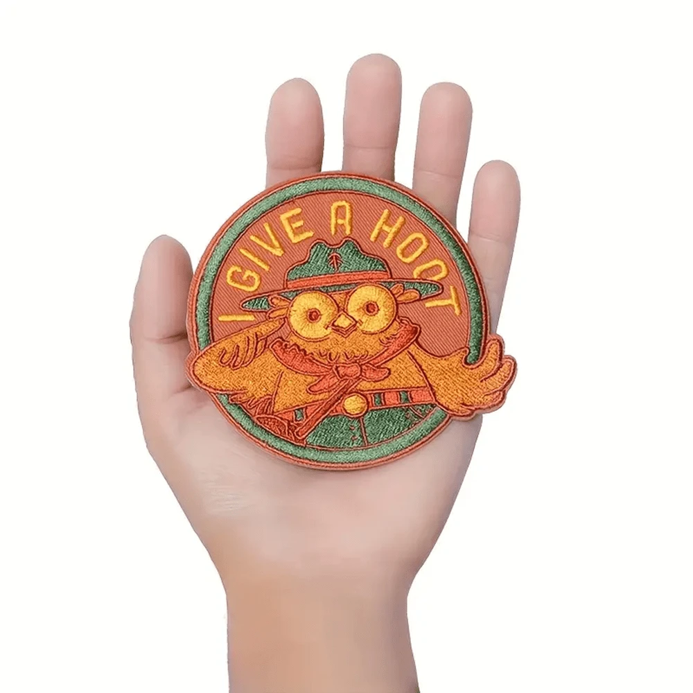 1pc Embroidered Iron-On Patch "I Give A Hoot", Mixed Color, For Outdoor Nature Enthusiasts - Color Mixing - View 1