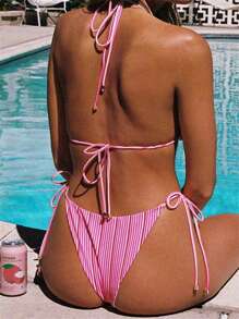 Women 2 Piece Bikini Set Floral/Striped Tie-Up Halter Neck Tops Low Rise Thongs Bathing Suits For Pool Beach