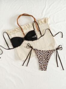 Leopard Print Letter Patchwork Elegant Cute Crisscross Drawstring Tie Back - Multicolor - View 3