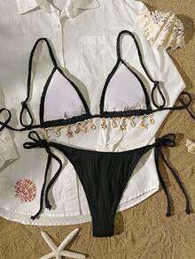 Women's Solid Color Beach Vacation Textured Fabric Shell Strap Triangle Cup Bikini Set - Black - View 5