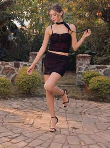 3pcs Set: Women Sexy Mesh 3D Rose Ruched Camis And Mesh Short Skirt And Mesh Scarf - Black - View 8