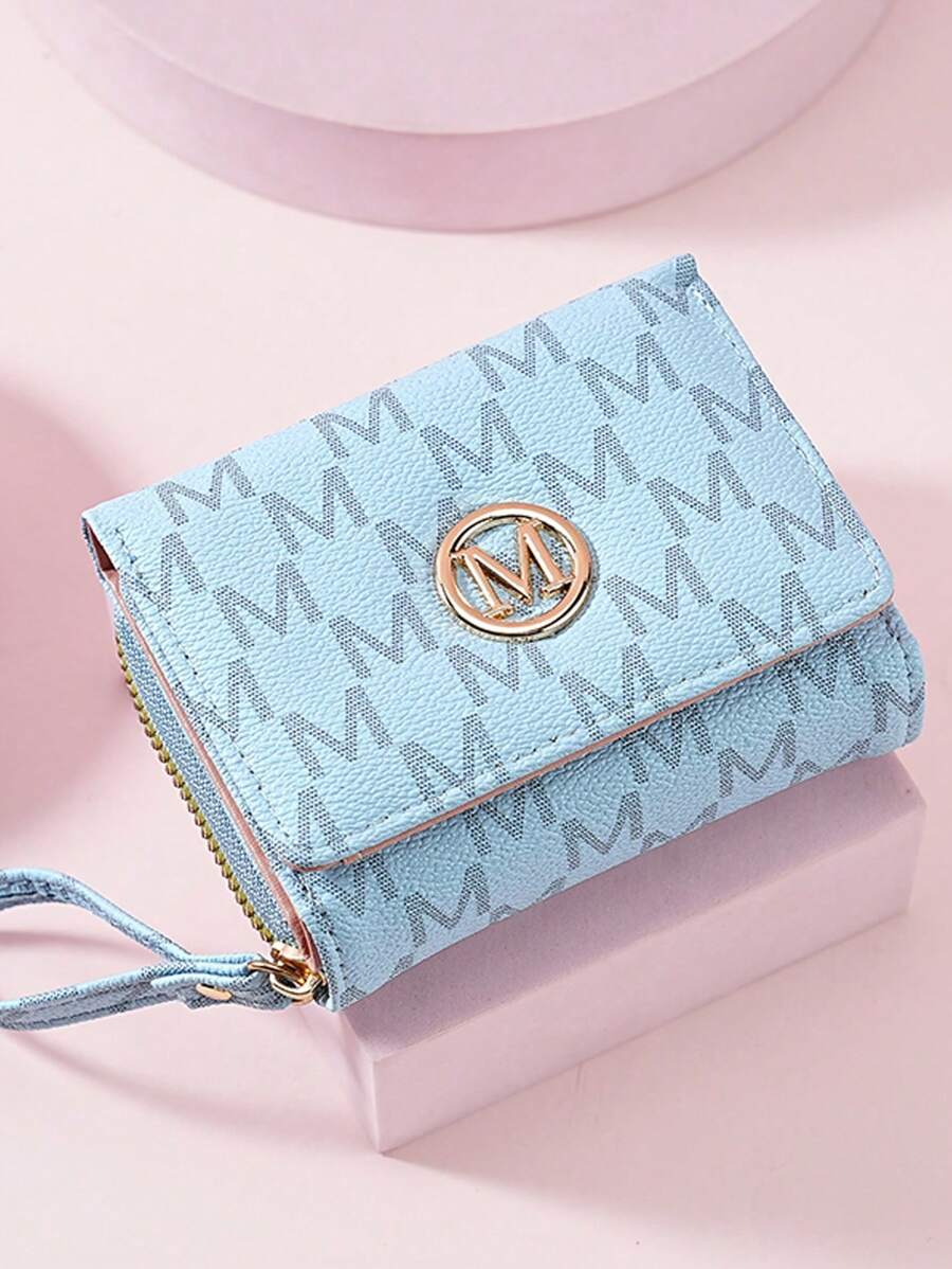 女士短款拉链三折钱包，带刺绣花卉图案，多卡位，手拿包，女士零钱包，钱包，迷你钱包，钱包，小钱包 - 藍色 - 查看 1