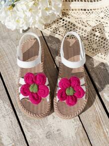 1 Pair Girls Floral Flat Sandals, Woven Flower Design Bohemian Style PU Material Soft & Comfortable Dual-Layer Sole, Lightweight & Suitable For 3-14 Years Old Girls, Outdoor, Party, Beach