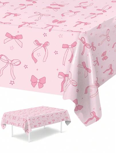 1Pc Pink Bow Pattern Tablecloth,220*130cm Disposable PE Table Cover,Pink Birthday Decorations,Wedding Supplies,Bridal Shower Favors,Bow Birthday Decorations,Pink Bow Birthday Decoration,1st Birthday Party Supplies,Babyshower Supplies,Gender Reveal Party Supplies,Pink Bow Decor,Holiday Party Table Decor,Home Decor,Kitchen Decor,Picnic Supplies