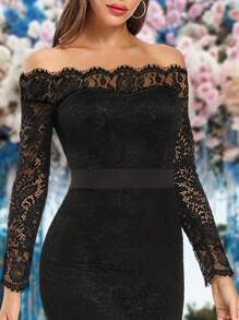 Women's Spring Summer Fantasy Sexy Elegant Off Shoulder Black Mermaid Maxi Long Wedding Dress Bridal Evening Dress Long Sleeve Cocktail Party Lace Dress