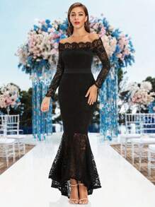 Women's Spring Summer Fantasy Sexy Elegant Off Shoulder Black Mermaid Maxi Long Wedding Dress Bridal Evening Dress Long Sleeve Cocktail Party Lace Dress