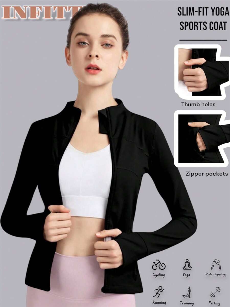 Zipper Front Fitted Running Top, Breathable Naked Feeling Yoga Training Quick-Dry Jacket