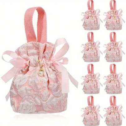 5pcs Small Floral Gift Bags, Pink Canvas Gift Bags With Handles, Mini Drawstring Small Gift Bags Suitable For Baby Christening, Wedding Ceremony, Birthday And Wedding Summer Gifts Beach Back To School School Supplies Room Decor