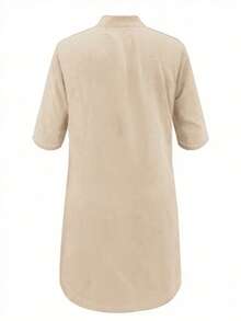 Woven Pleated Textured Fabric Sleeveless Casual Solid Color Midi Dress - Khaki - View 2