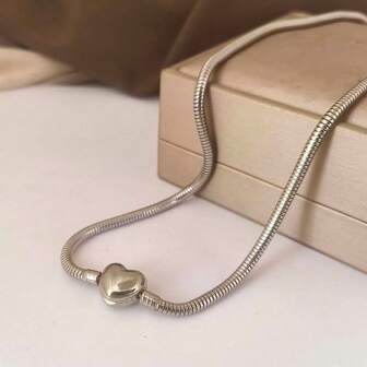 1pc 45cm Stainless Steel Heart-Shaped Clasp Snake Bone Chain Necklace, Suitable For DIY Beading & Pendant Making