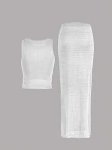 Sexy Knit Cut Out Two Pieces Swimsuit Cover Up 2025 Summer Women Bell Sleeve Waist Tie-Up Top Long Skirt Set Club Beach Dress - 白色 - 查看 4