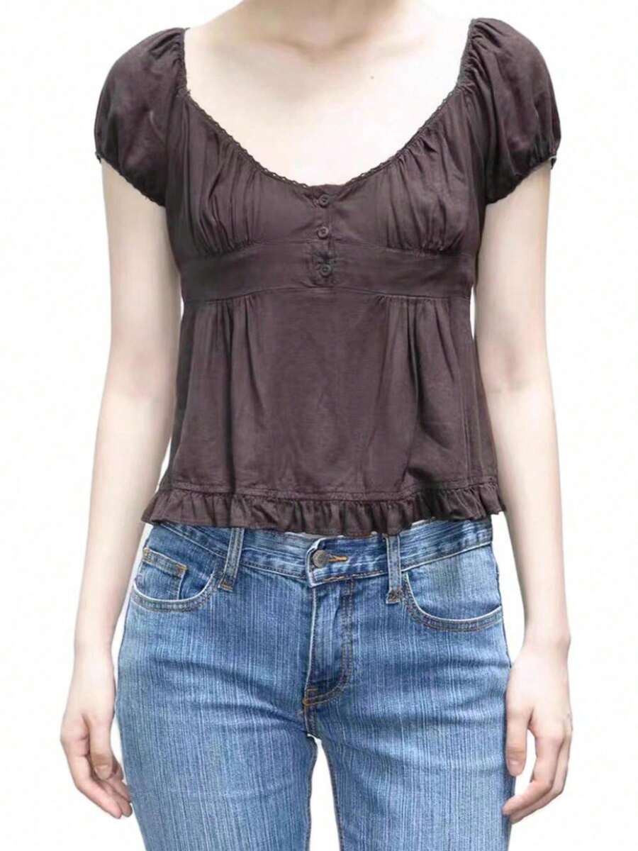 Women Y2k Fairycore Babydoll Shirt Top Plaid/Solid Color Lace Trim V-Neck Short Sleeve Button Front Ruffle Hem Gingham T Shirts Crop Tops Teen Girls Grunge Going Out Tunic Tops Cute Flowy Tee Vintage Aesthetic Clothes Casual Daily Streetwear - 咖啡棕 - 查看 1