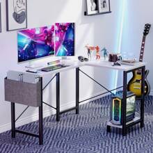GIANNA L Shaped Gaming Desk With Wooden Desktop CPU Stand Side Bag Reversible For Home Office Small Space, - White - View 5
