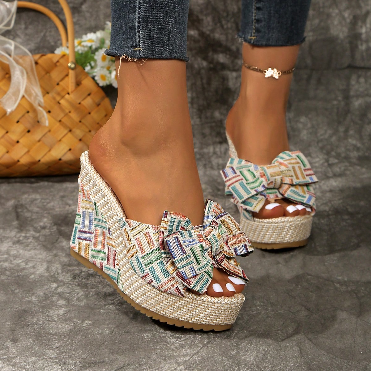 Sandalias de cuña con decoración de lazo para mujer, elegantes sandalias de tacón alto de estilo bohemio para el verano