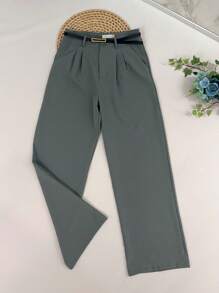 Women's Set: Summer Sleeveless Solid Color Round Neck Top And Wide Leg Pants With Belt And Bag - Grey - View 6