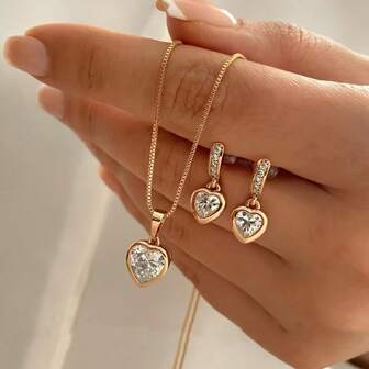 3 件套，简约、优雅、精致、复古设计、爱心、水钻闪亮项链、耳环、首饰套装、节日、度假、派对、约会、礼物、日常佩戴