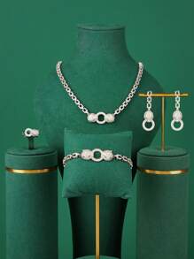Ensemble de bijoux de luxe 5 pièces, convenant pour les soirées de danse, les galas, les sorties quotidiennes, les tenues de cérémonie, les robes de mariée - comprend un collier, des boucles d'oreilles, une bague, un bracelet et des pierres en zirconium, doré brillant