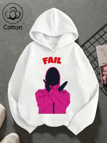 ¡Nuevo para la primavera! Sudadera con letras artísticas, estampado creativo de papas fritas, hamburguesas y pizza en la espalda, sudadera para niño, algodón, blanca, hombros caídos, cómoda, sudadera casual de gran tamaño con curvas, sudadera con cordón versátil para primavera y otoño, ropa informal holgada para salir a la calle, estilo universitario, ropa para niños, drapeada con algodón, suave, transpirable, top de manga larga