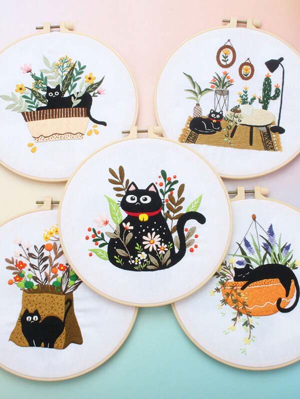 1 Set Stickerei DIY Kit - Lässige schwarze Katze Stickerei Wandbehang oder Tischdekoration, inklusive Stickrahmen, Stickgarn, zufällige Farbe
