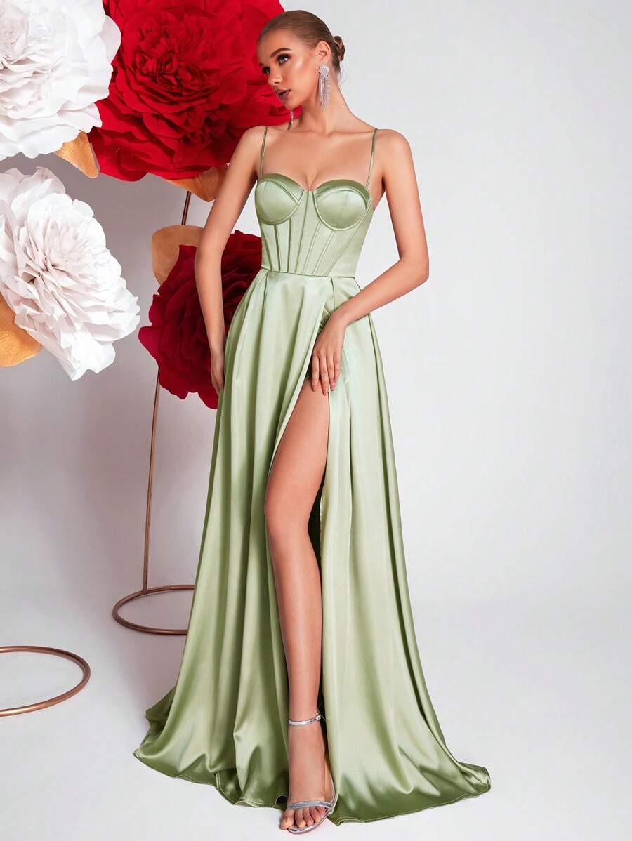 Elisanya Solid Color High Waist Backless Cross Strap Party Gown, Party Dress, Wedding Guest Dress, Formal Dress, Evening Dress - Green - View 1
