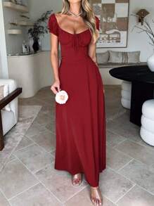 PoPoHouse Women's Solid-Color Bohemian Vacation-Style Dress With A Low-Cut Off-The-Shoulder Neckline And Back Tie Detailing.