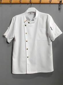 Plus Size Premium Custom Chef Jacket, Short Sleeve, Soft Fabric, Skin-Friendly, Breathable, Durable, Unisex Design, Suitable For Catering, Bakery, Hotel, Restaurant, Summer Short Sleeve, Work Uniform, White Chef Coat, Executive Chef Uniform - White - View 2