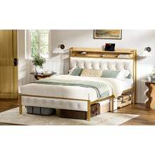 Base Cama Matrimonial - Cabecera Matrimonial Tapizada con Luces Led 2 Salidas de CA y 2 USB - Box Matrimonial con Plataforma de Metal, Antideslizante, sin Ruido (Blanco) - Multicolor - Ver 8