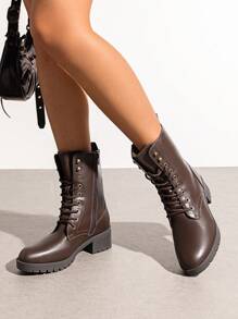 Women's Combat Boots Mid-Calf Boots Round Toe Classic Military Boots Commuter Street Outdoor Brown Boots - 棕色 - 查看 3