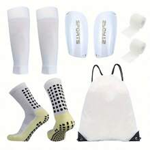 5-Piece Soccer Sports Gear Set With Silicone Grip Football Socks, Shin Guards, Protective Gear, Drawstring Backpack And Sports Tapes - Polyester And Elastane Knitted Tube Socks Solid Color Hand And Machine Washable
