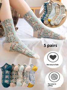 5 Pairs Vintage Style Women Socks With Delicate Floral Patterns, Comfortable & Skin-Friendly, Adding Elegant Retro Vibe To Your Outfits - Multicolor - View 1