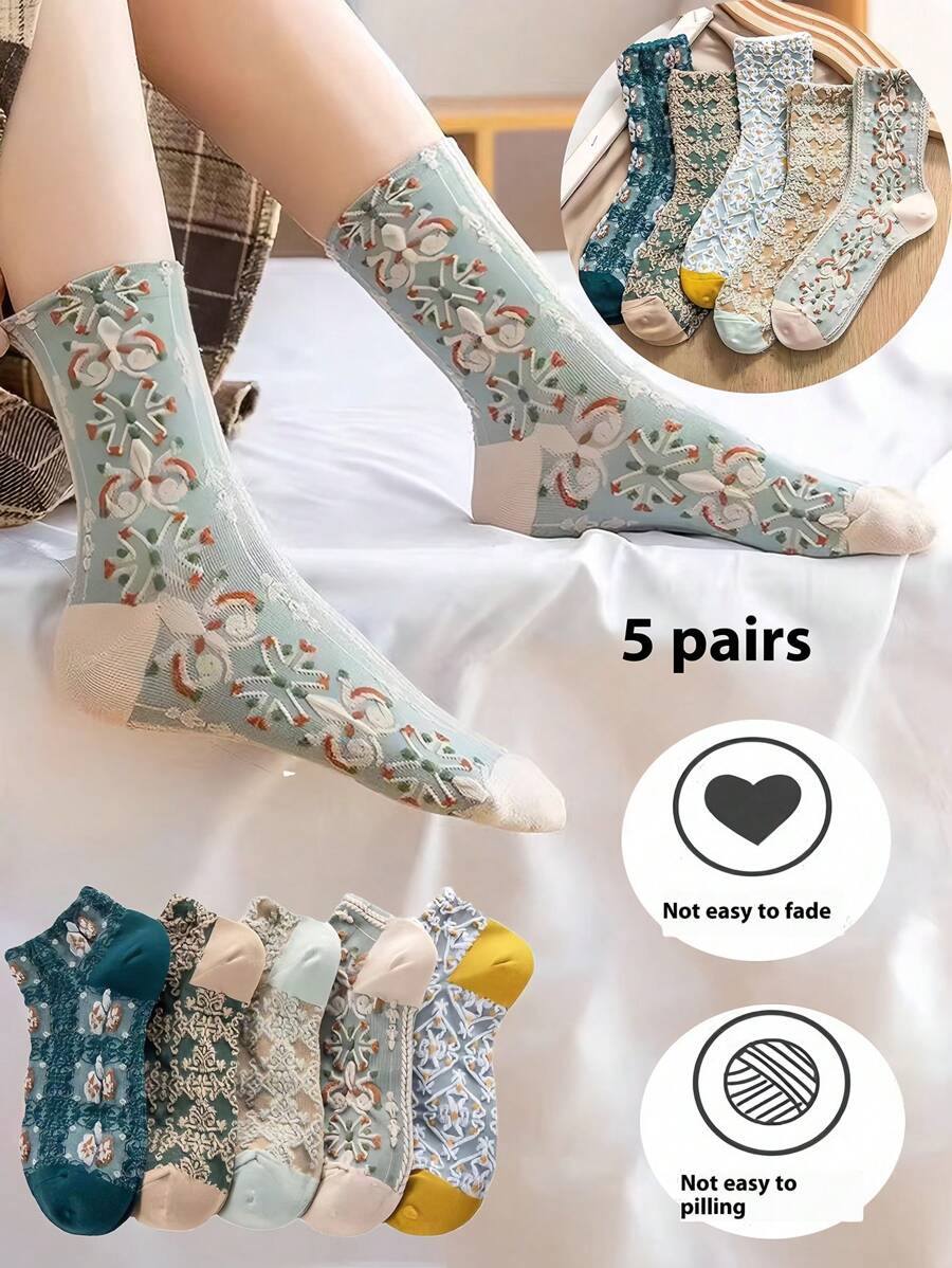 5 Pairs Vintage Style Women Socks With Delicate Floral Patterns, Comfortable & Skin-Friendly, Adding Elegant Retro Vibe To Your Outfits - Multicolor - View 1