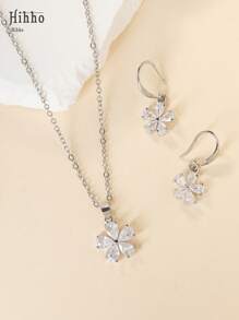 Hihho 3 pièces/set collier pendentif fleur et boucles d'oreilles en acier inoxydable, avec zircone cubique brillants incrustés. Bijoux pour femmes, disponibles en or et argent. Meilleur cadeau