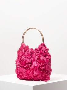 优雅玫瑰花朵晚宴手拿包，女士正式派对手提包，甜美女孩手提包，纯色水桶包，新娘手提包（图案随机） - 玫紅色 - 查看 2