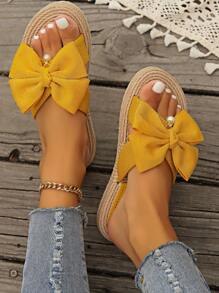 Summer New Women Slippers, Straw Braid House Slippers, Non-Slip Outdoor Hanging Pearl Bow Slippers, Flat Heel Sandals